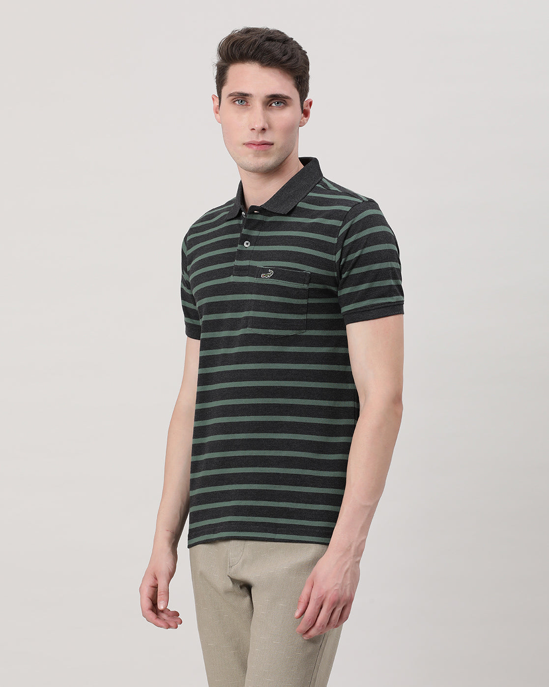 Casual Green T-Shirt Striper Half Sleeve Slim Fit with Collar