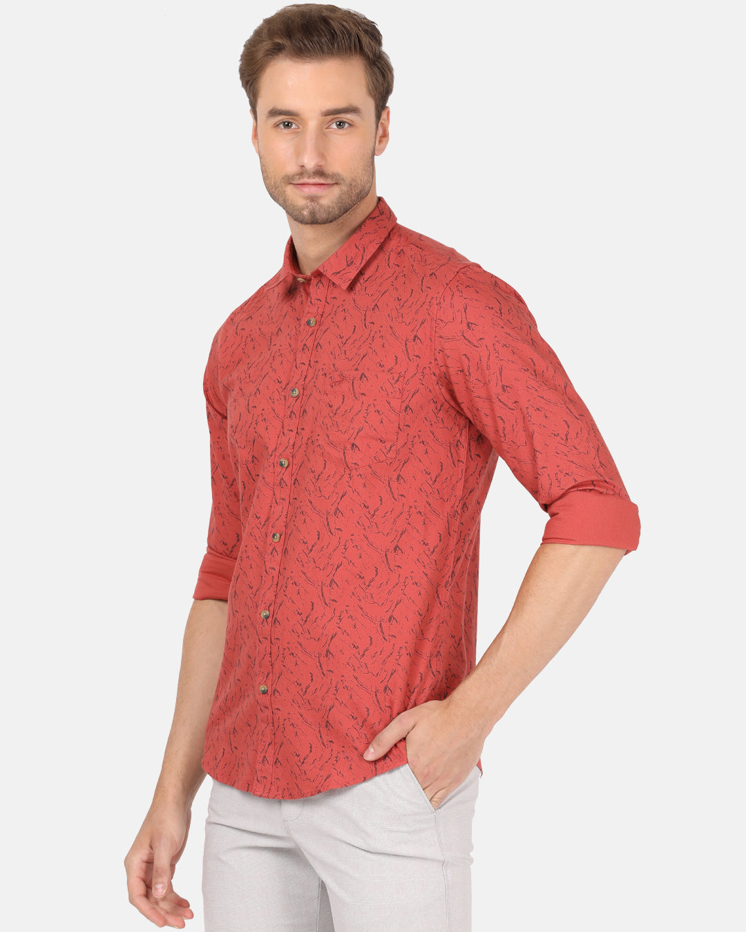 Crocodile Men's Casual Full Sleeve Slim Fit Printed Red with Collar Shirt