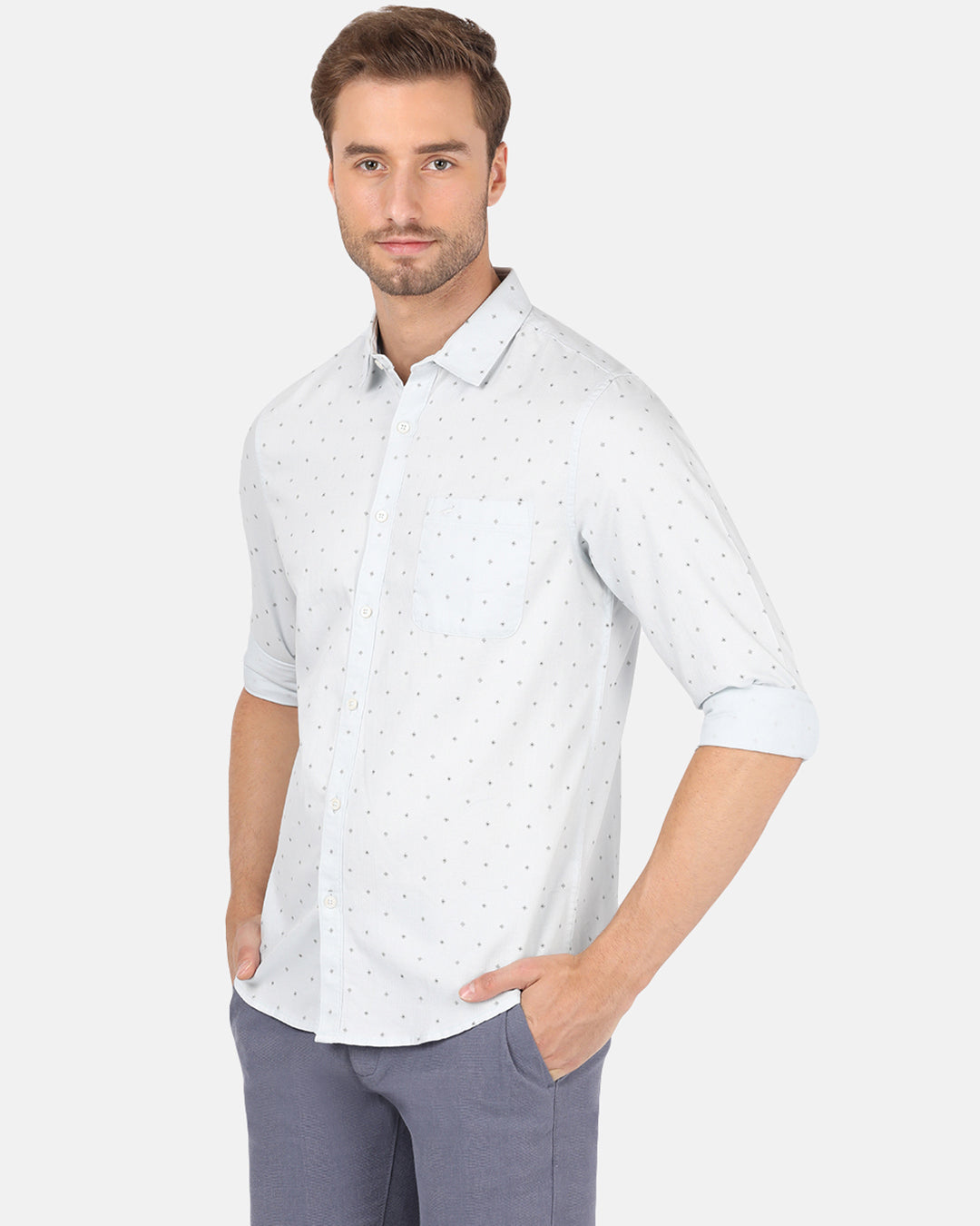Crocodile Casual Full Sleeve Comfort Fit Printed Light Grey with Collar Shirt for Men