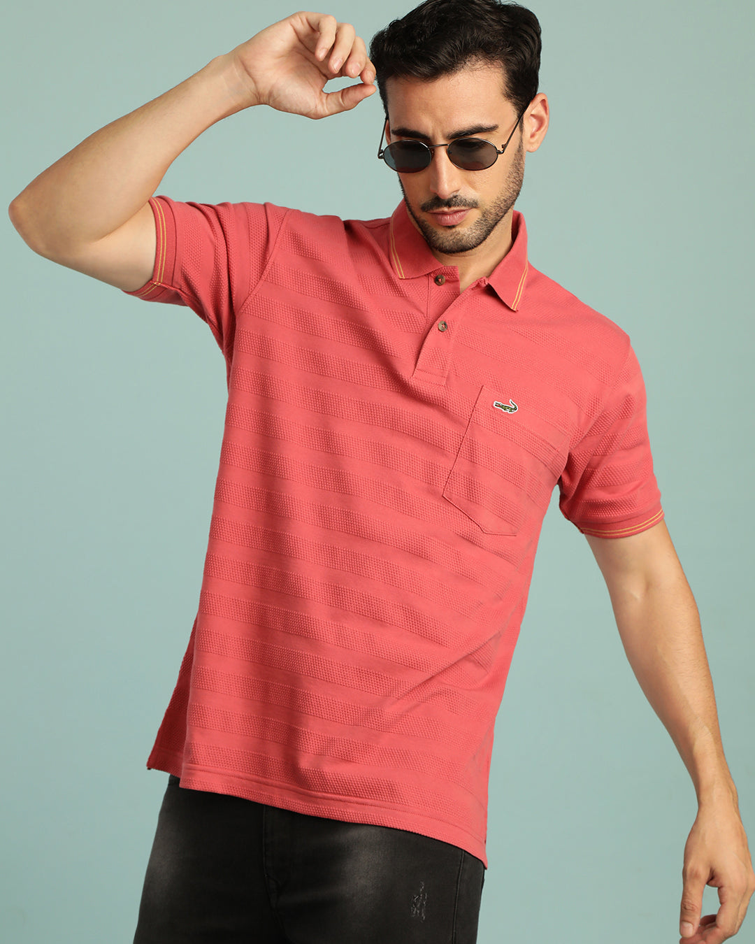 Honey Comb Textured Stripe Polo Mineral Red T-Shirt