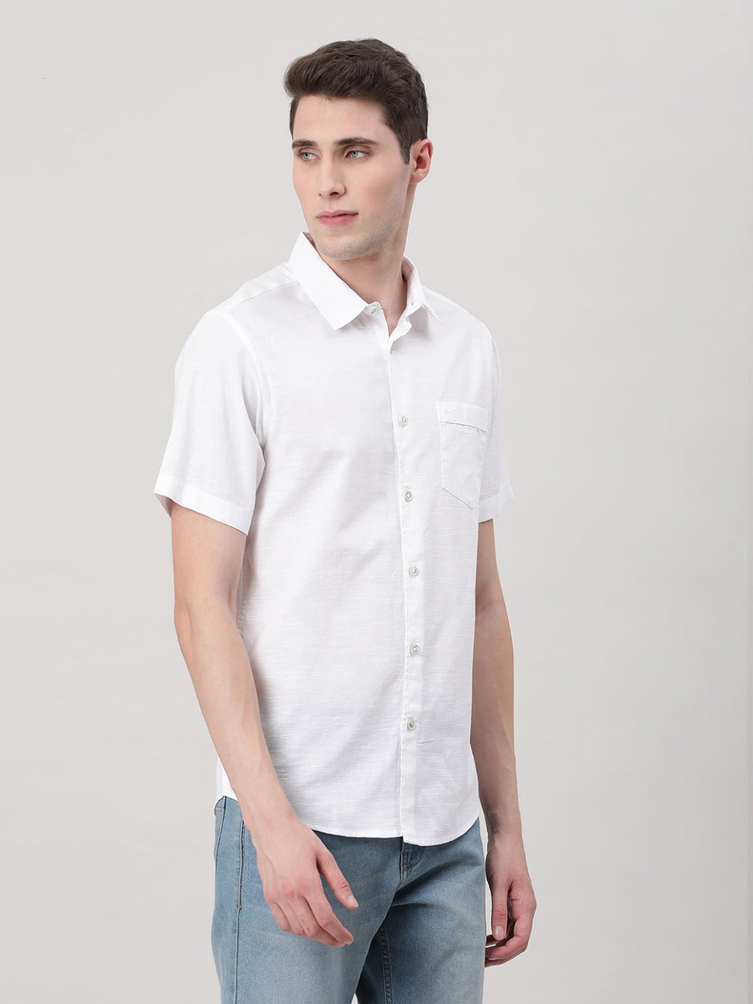 Casual Half Sleeve Comfort Fit Textured plain shirt White with Collar