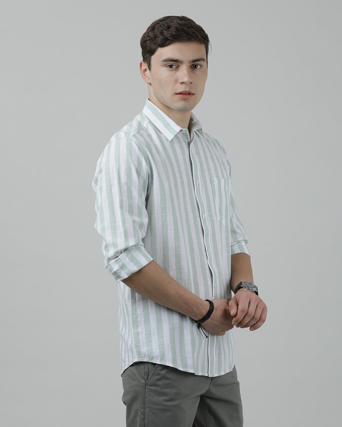 Casual Full Sleeve Comfort Fit Stripe Shirt Green for Men