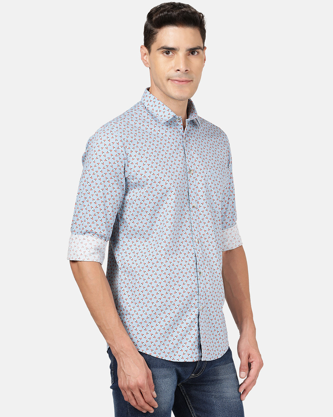 Crocodile Casual Full Sleeve Slim Fit Printed Light Blue with Collar Shirt for Men