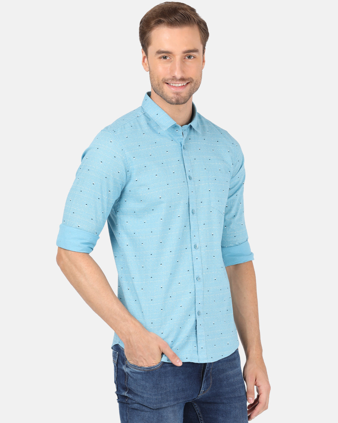 Crocodile Casual Full Sleeve Slim Fit Printed Sky Blue with Collar Shirt for Men