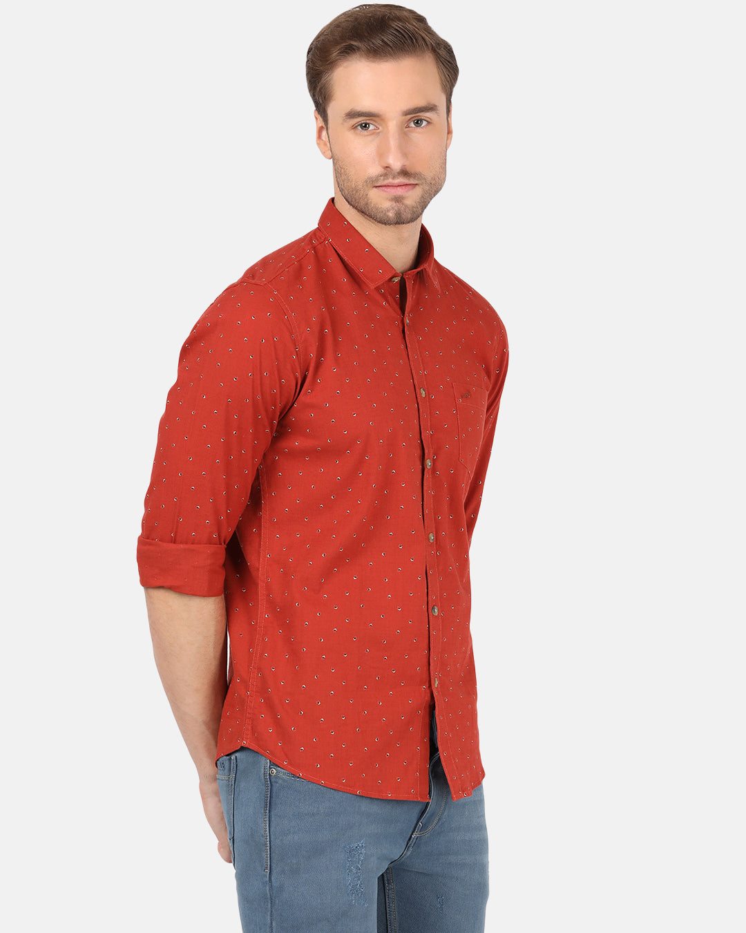 Crocodile Casual Full Sleeve Slim Fit Printed Brick Red with Collar Shirt for Men