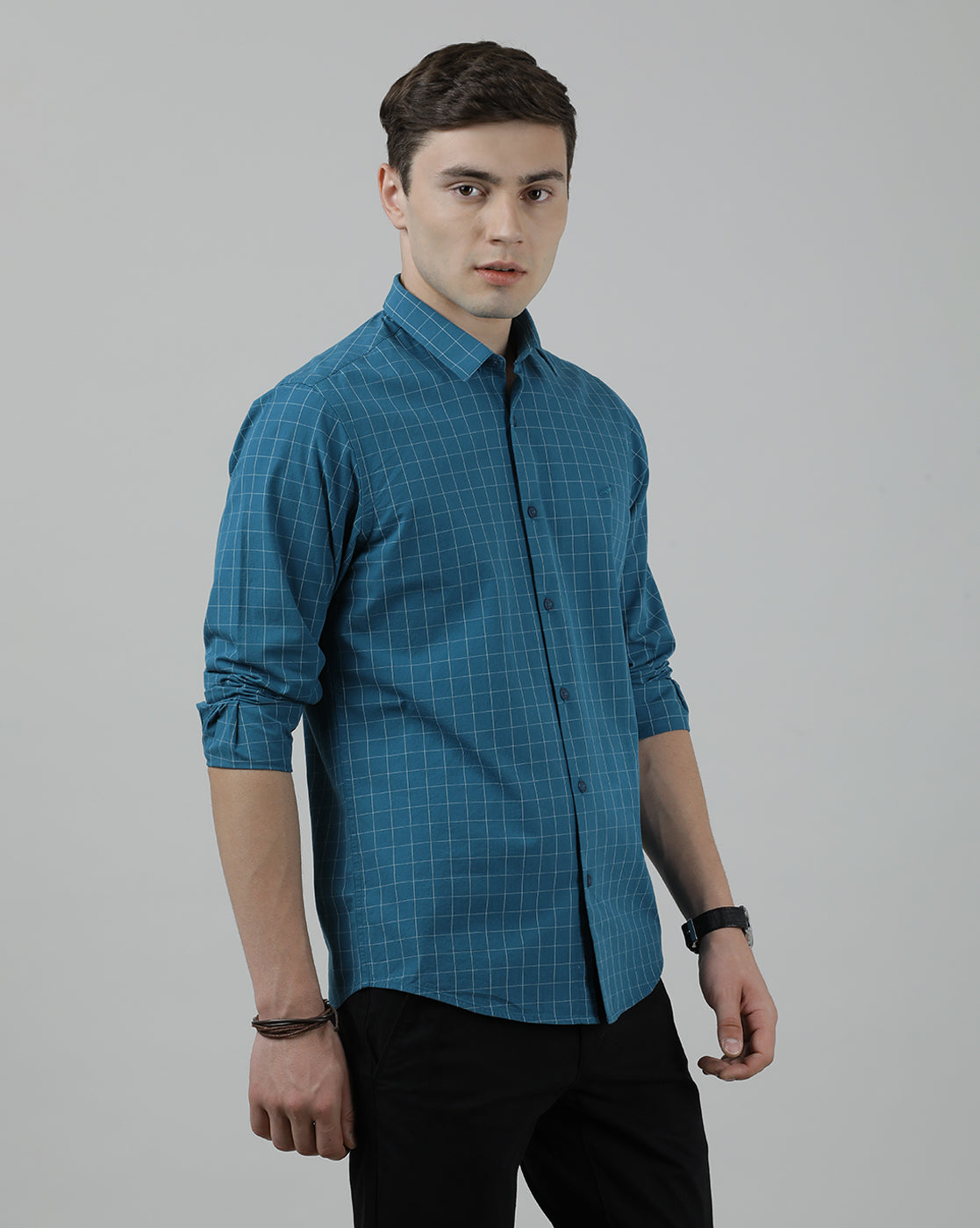 Casual Full Sleeve Slim Fit Checked Shirt Teal for Men