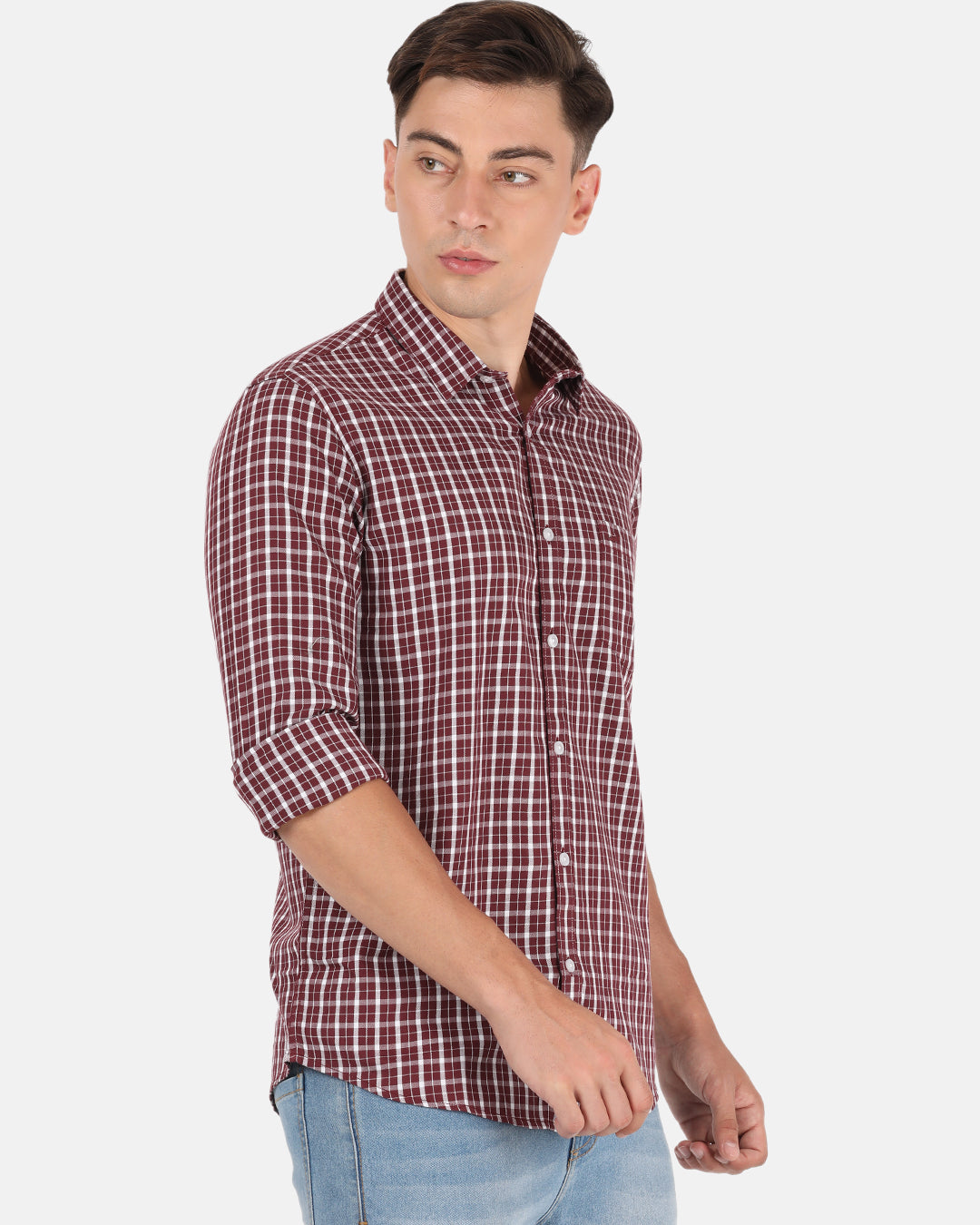 Crocodile Casual Full Sleeve Slim Fit Checks Maroon with Collar Shirt for Men