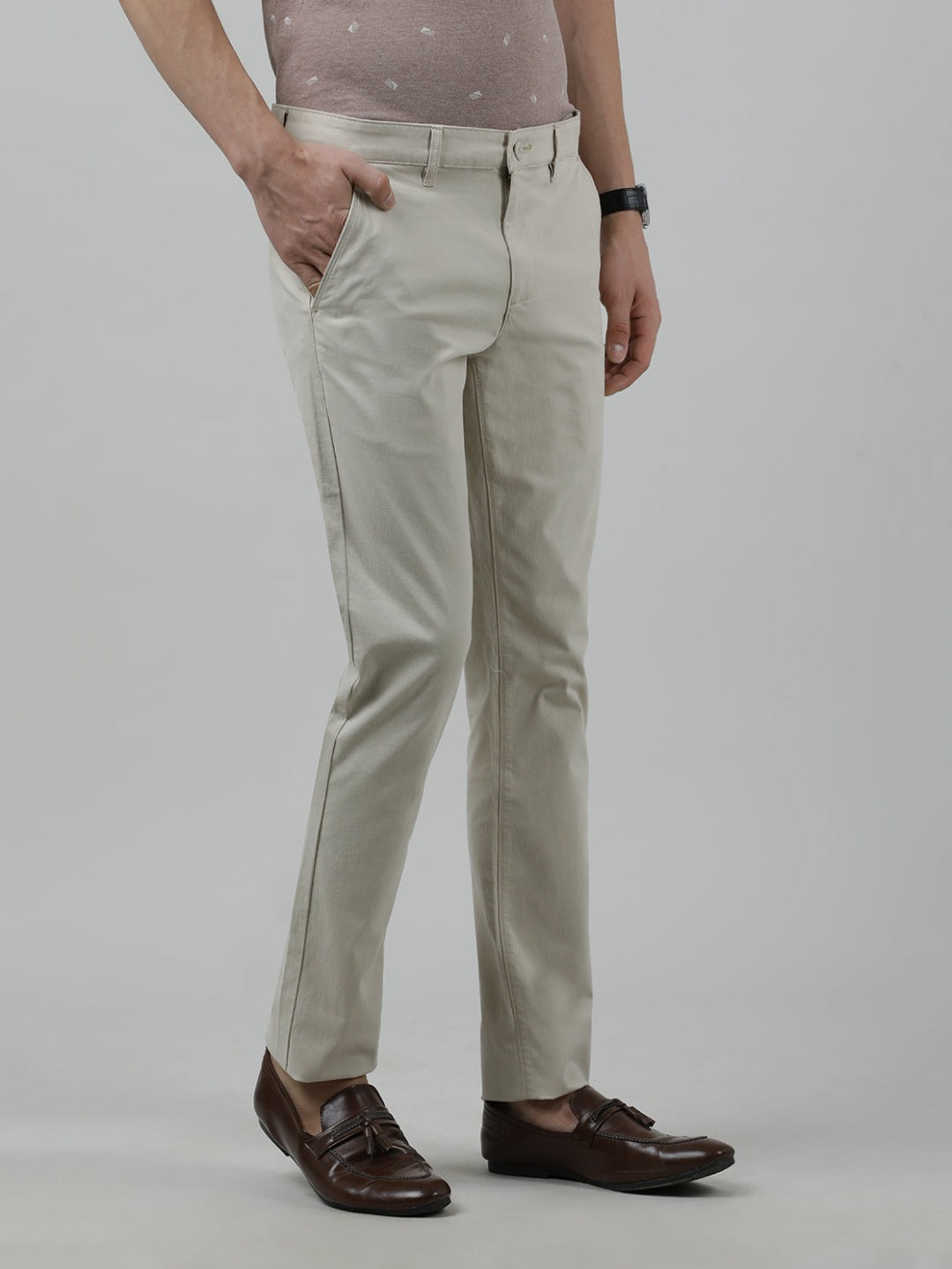 Casual Slim Fit Solid Beige Trousers for Men