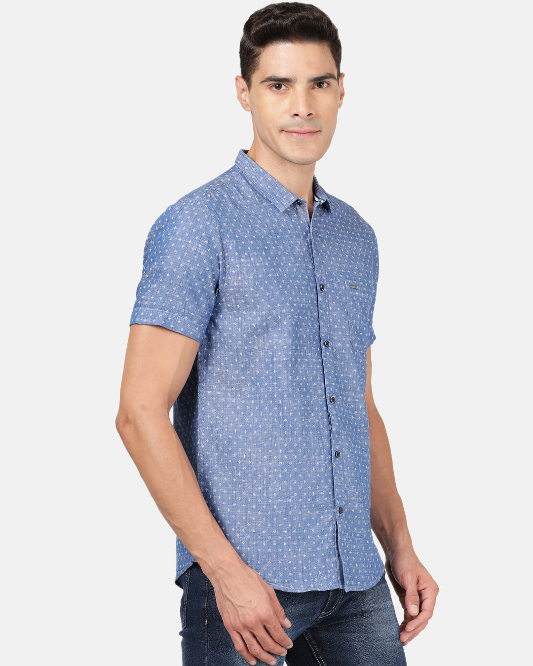 Crocodile Casual Half Sleeve Slim Fit Printed Blue with Collar Shirt for Men