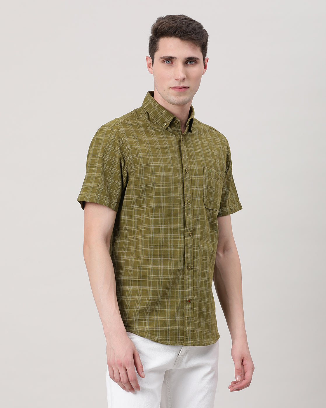 Casual Half Sleeve Comfort Fit Checks Shirt Olive with Collar
