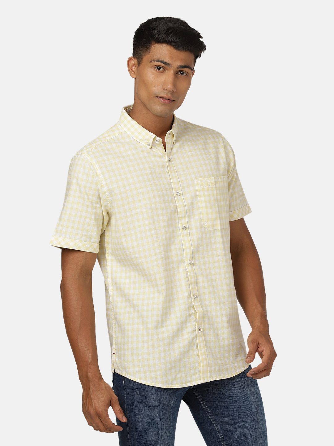 Crocodile Casual Half Sleeve Comfort Fit Checks Yellow with Collar Shirt for Men