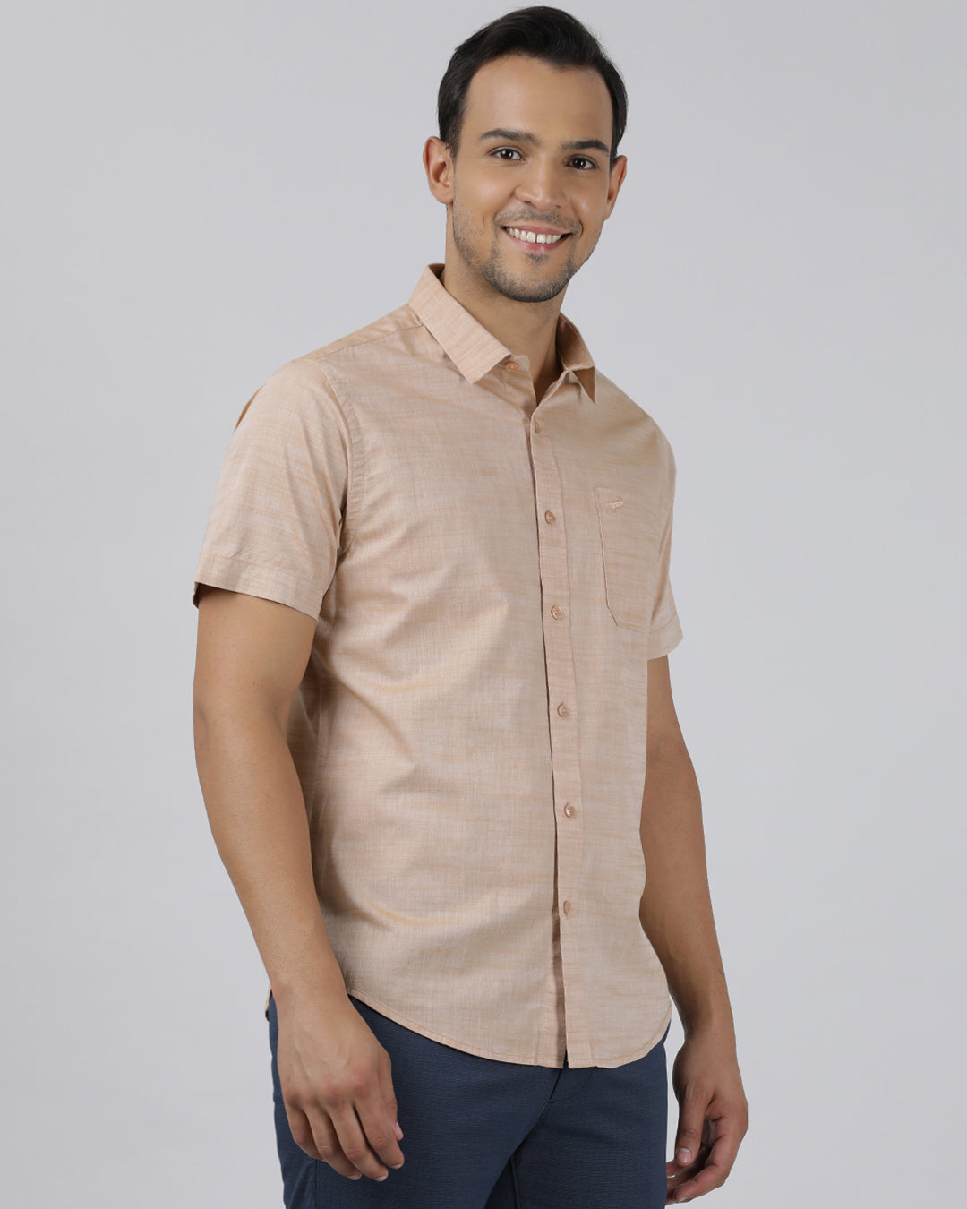 Casual Beige Half Sleeve Regular Fit Solid Shirt with Collar for Men