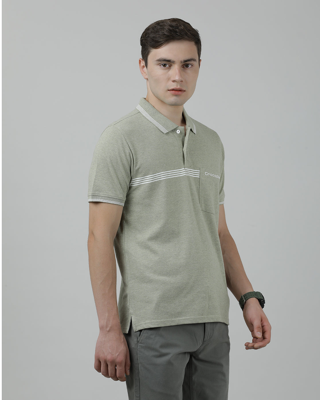 Casual Green Solid Polo Melange Printed T-Shirt Half Sleeve Slim Fit with Collar for Men