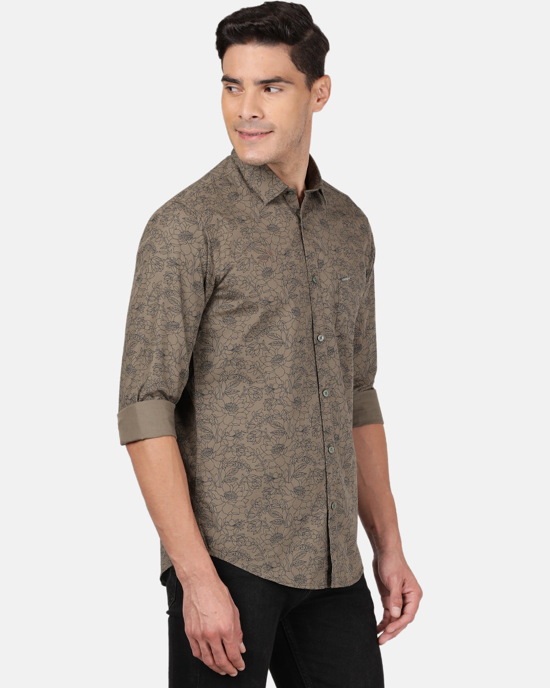 Crocodile Casual Full Sleeve Slim Fit Printed Olive with Collar Shirt for Men