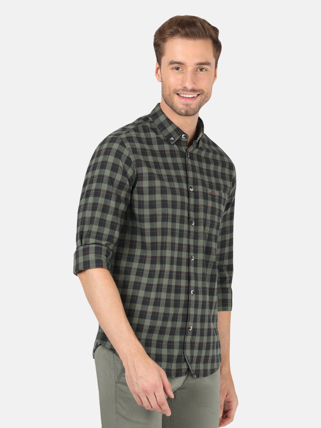 Crocodile Men's Casual Full Sleeve Comfort Fit Checks Green with Collar Shirt
