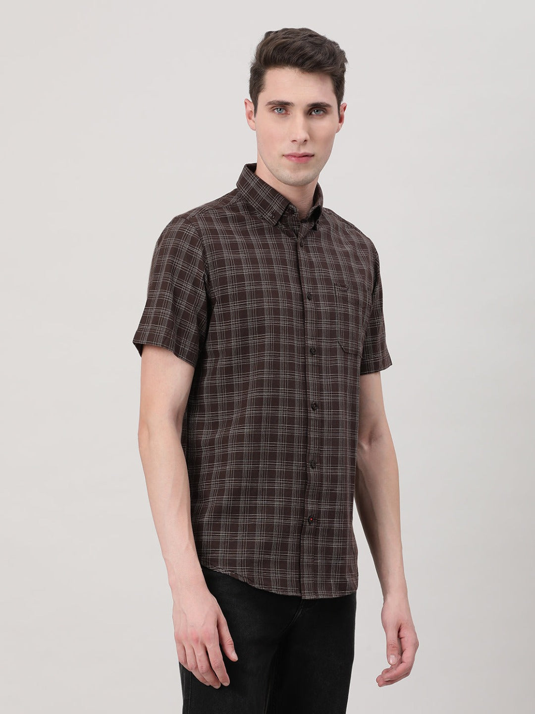 Crocodile Casual Half Sleeve Comfort Fit Checks Shirt Brown with Collar