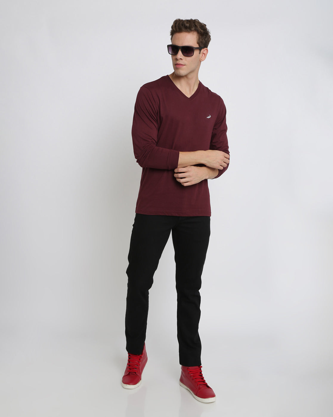 Men's Solid V Neck Full Sleeve Cotton T-Shirt - WINE