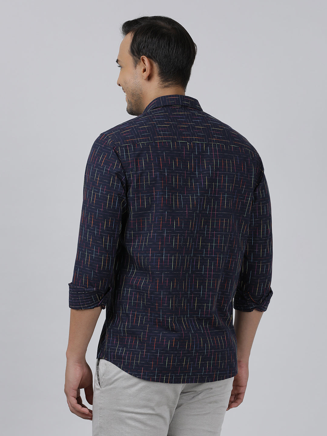 Casual Navy Full Sleeve Regular Fit Print Shirt with Collar for Men