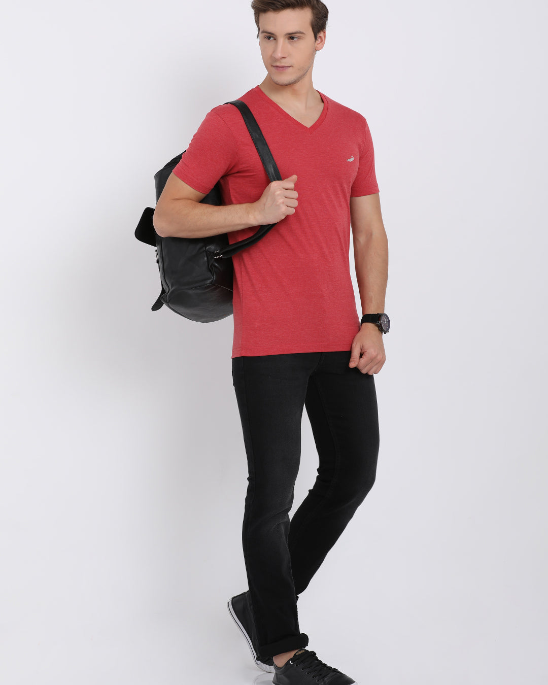 Men's Solid V Neck Half Sleeve Cotton T-Shirt - RED MELANGE