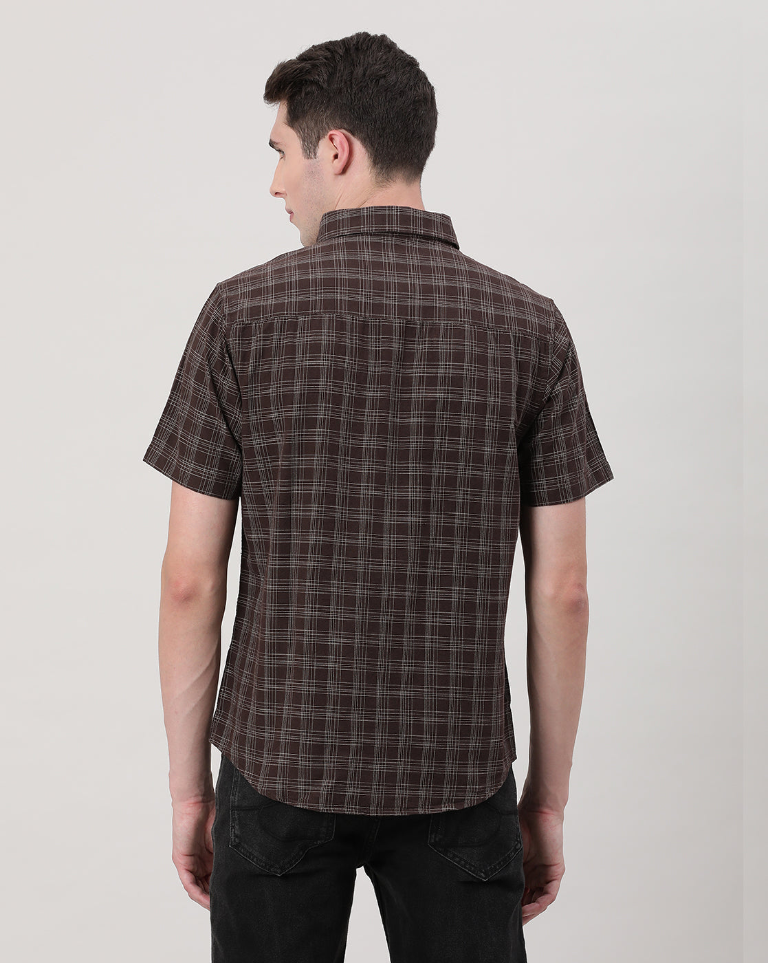 Casual Half Sleeve Comfort Fit Checks Shirt Brown with Collar