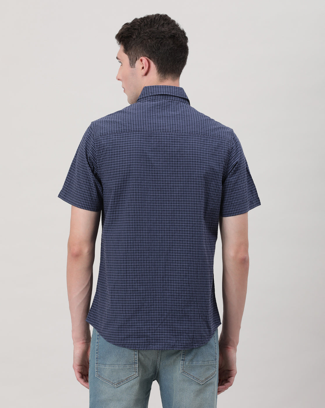 Casual Navy Half Sleeve Comfort Fit Checks Shirt with Collar for Men