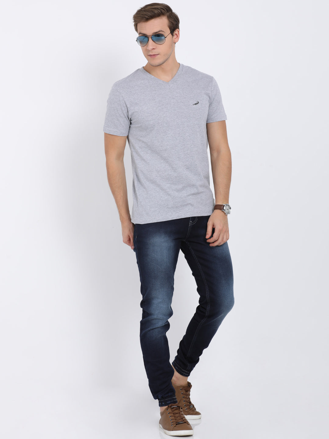 Men's Solid V Neck Half Sleeve Cotton T-Shirt - GREY MELANGE