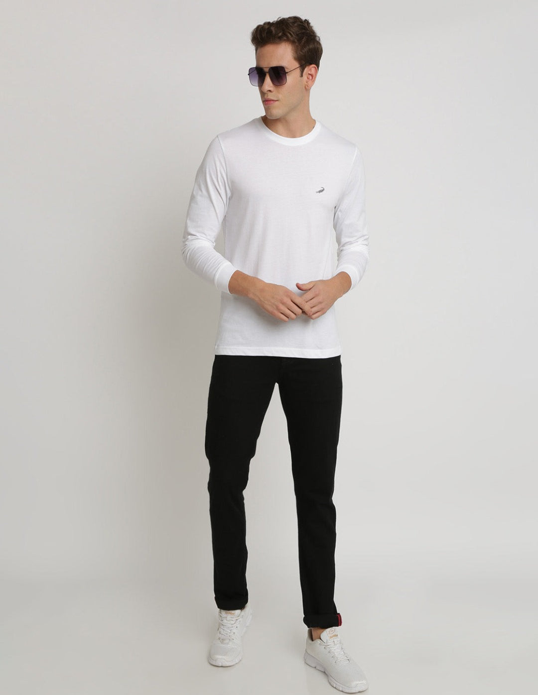 Men's Solid Round Neck Full Sleeve Cotton T-Shirt - WHITE