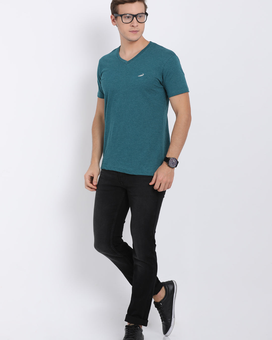 Men's Solid V Neck Half Sleeve Cotton T-Shirt - GREEN MELANGE