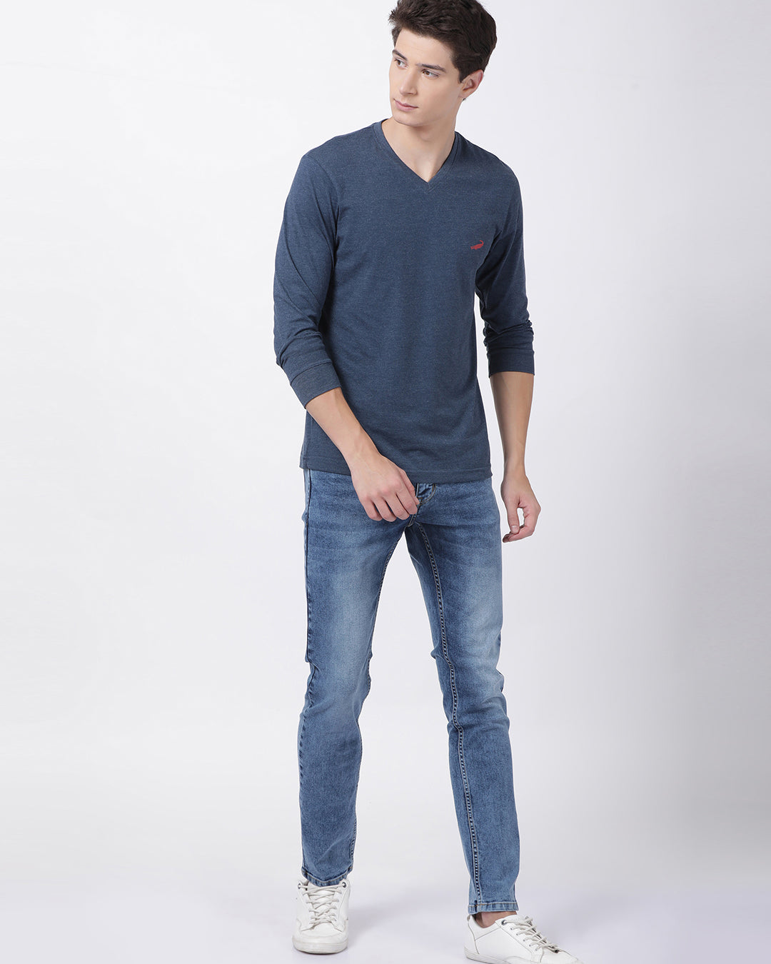 Men's Solid V Neck Full Sleeve Cotton T-Shirt - DENIM MELANGE