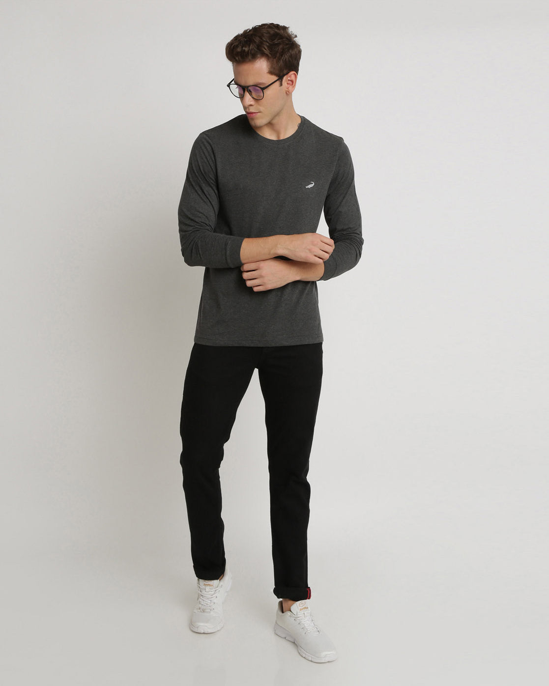 Men's Solid Round Neck Full Sleeve Cotton T-Shirt - CHARCOAL MELANGE