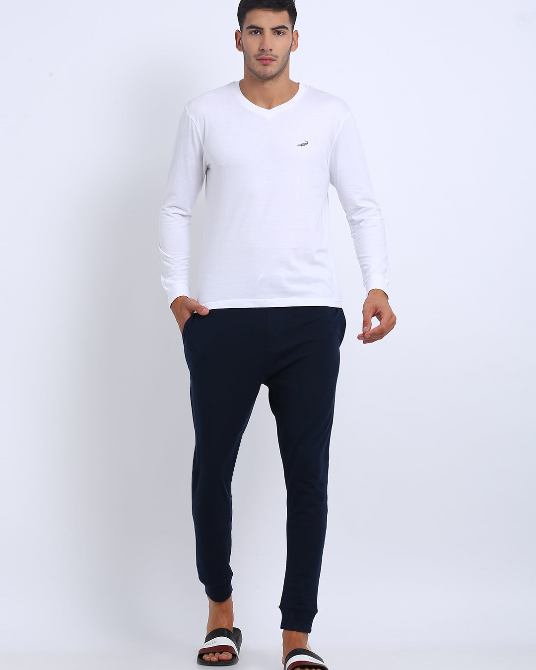Men's Solid V Neck Full Sleeve Cotton T-Shirt - WHITE
