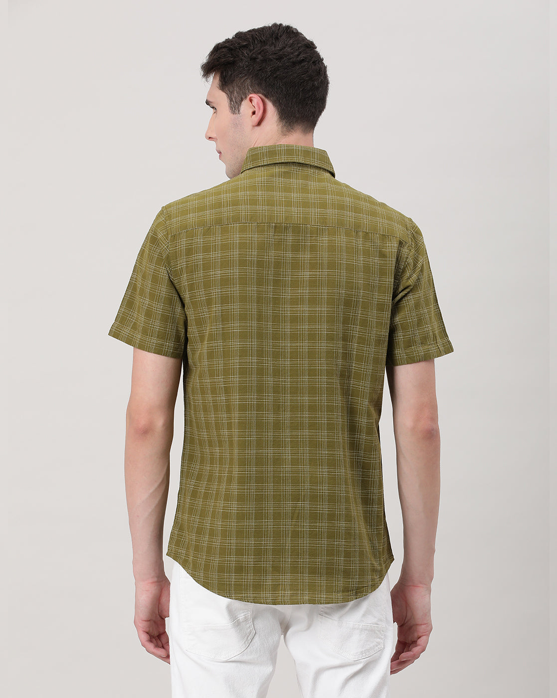 Casual Half Sleeve Comfort Fit Checks Shirt Olive with Collar