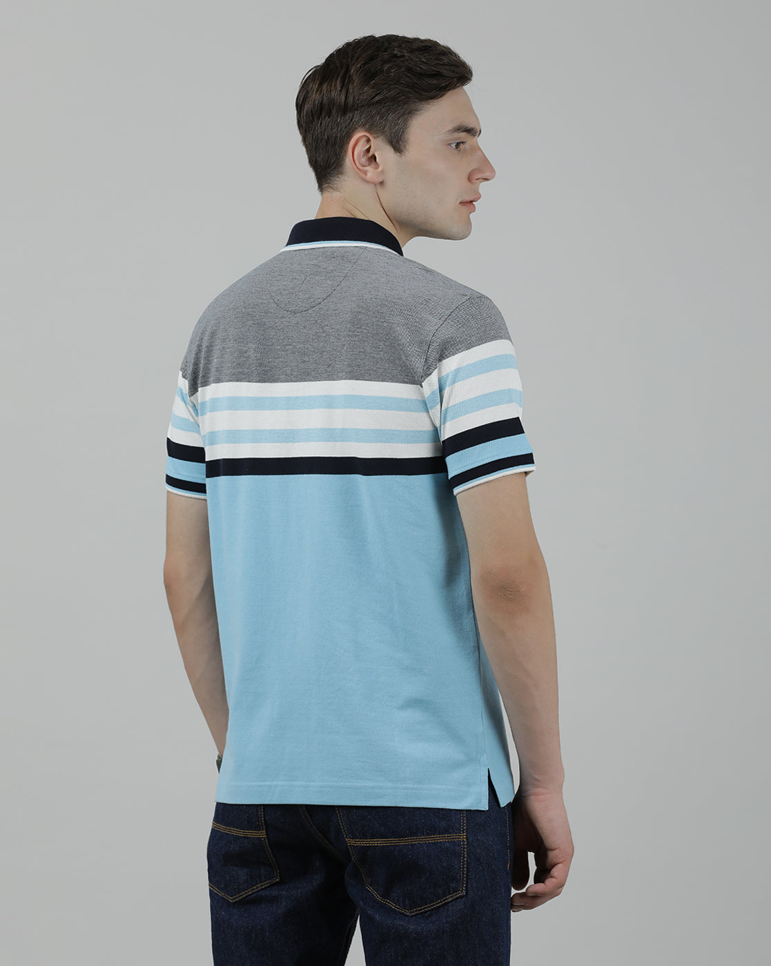 Casual Light Blue T-Shirt Engineering Stripes Half Sleeve Slim Fit with Collar for Men
