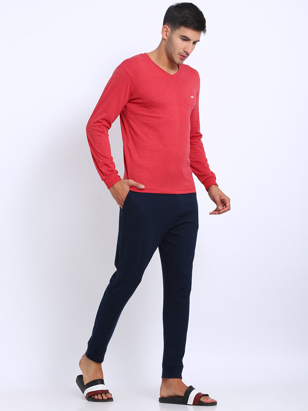 Men's Solid V Neck Full Sleeve Cotton T-Shirt - RED MELANGE