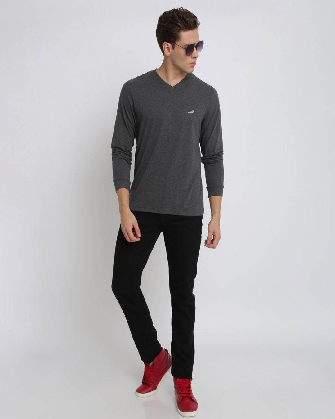 Men's Solid V Neck Full Sleeve Cotton T-Shirt - CHARCOAL MELANGE