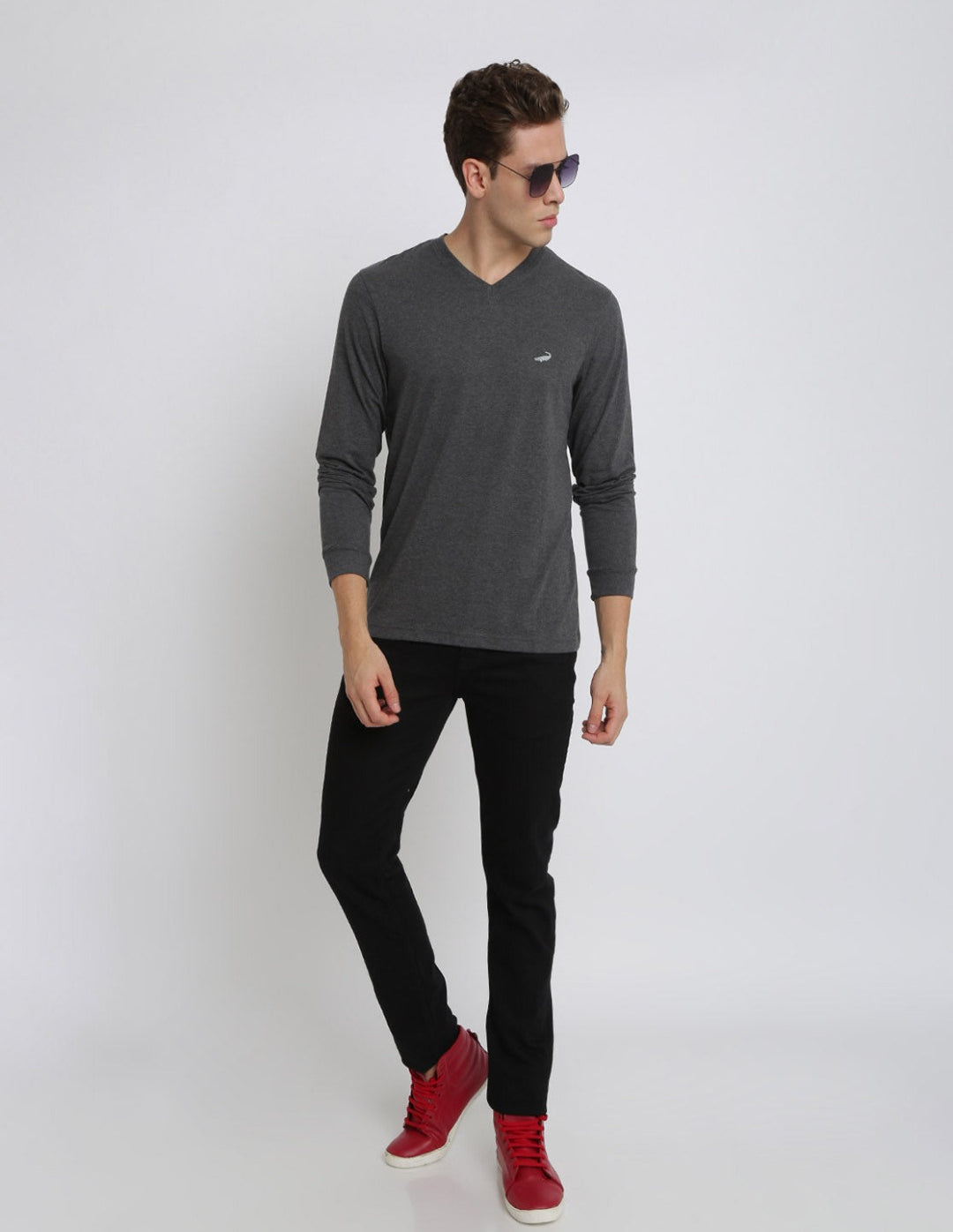 Men's Solid V Neck Full Sleeve Cotton T-Shirt - CHARCOAL MELANGE