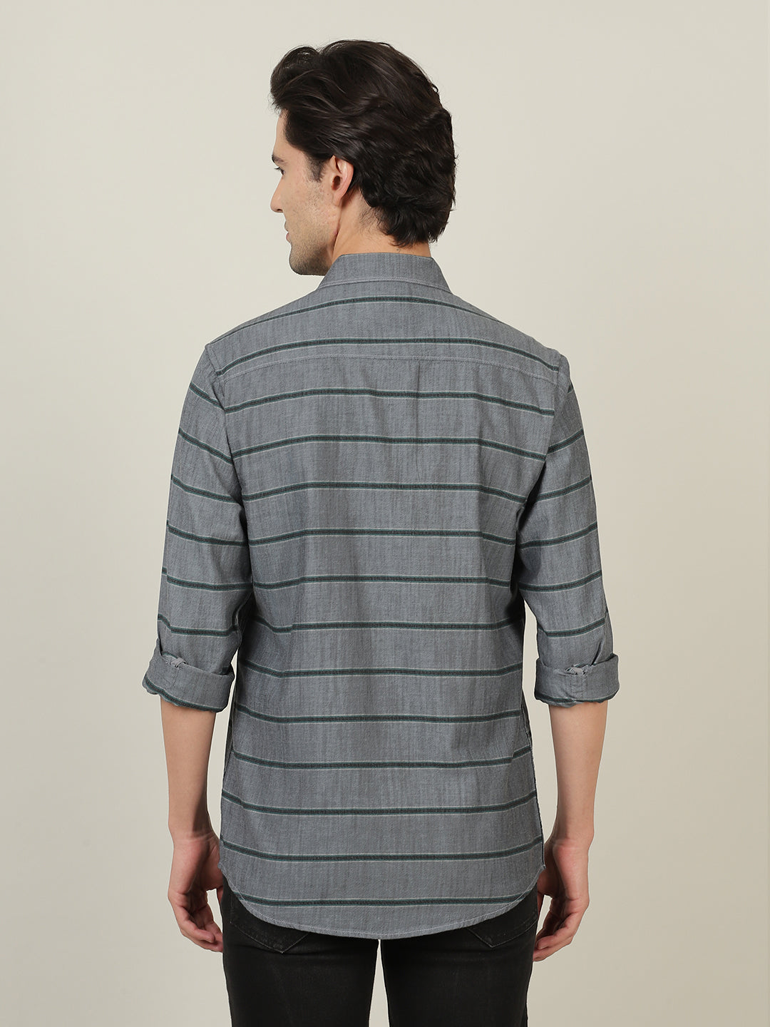 Crocodile Men Grey Stripe Slim Fit Shirt