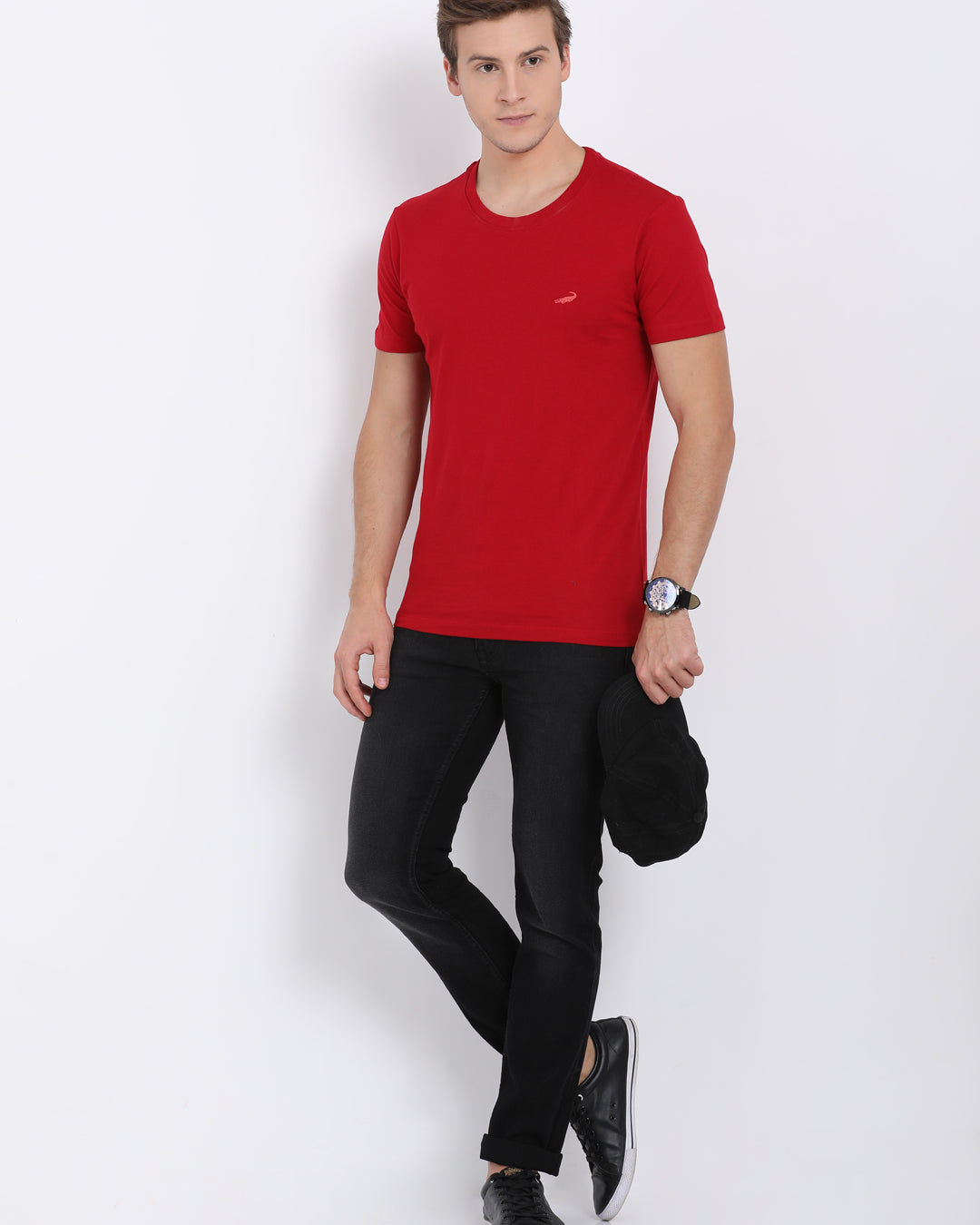 Men's Solid Round Neck Half Sleeve Cotton T-Shirt - CHILLI PEPPER