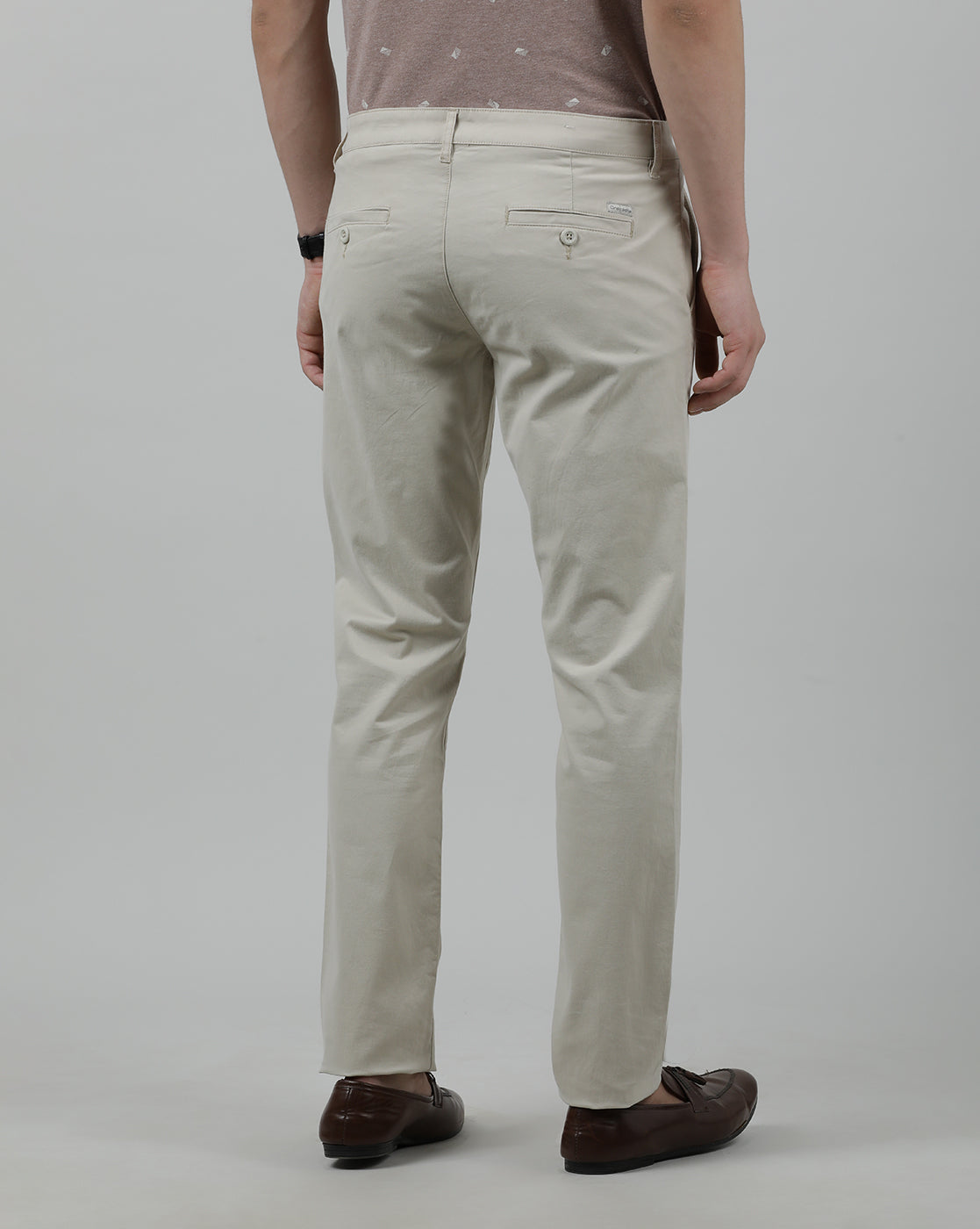 Casual Slim Fit Solid Beige Trousers for Men