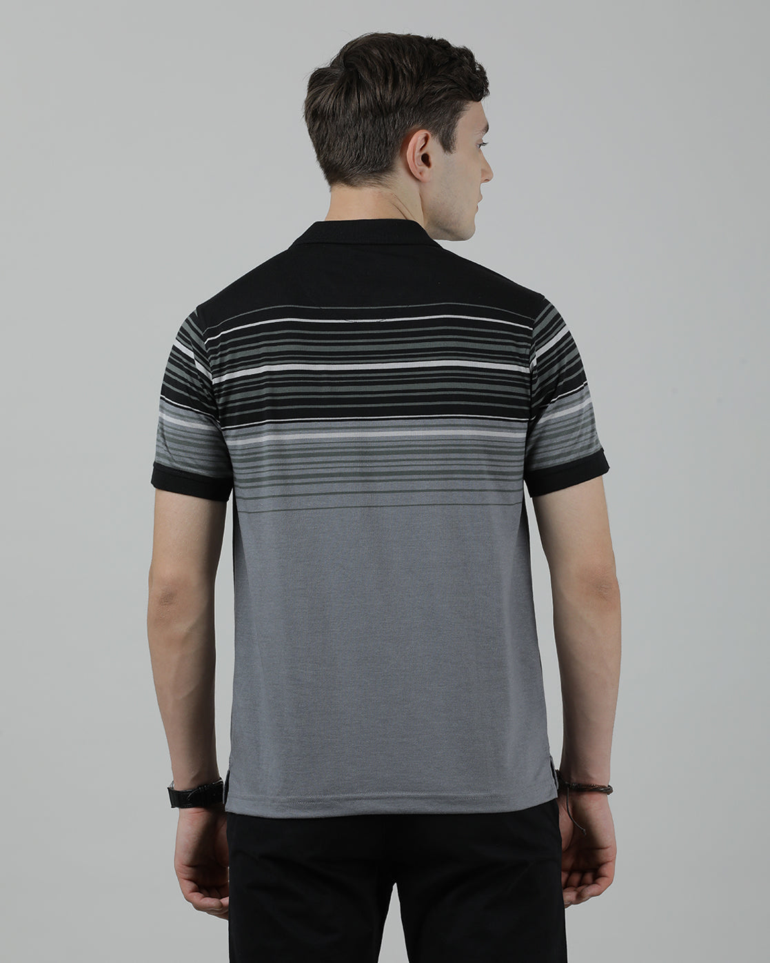 Casual Black T-Shirt Half Sleeve Slim Fit Jersey Engineering Stripe with Collar for Men