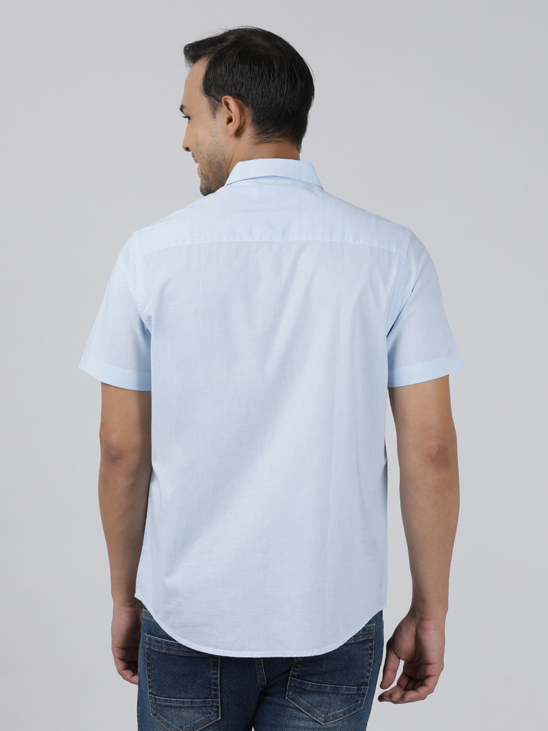 Casual Sky Blue Half Sleeve Regular Fit Solid Shirt with Collar for Men