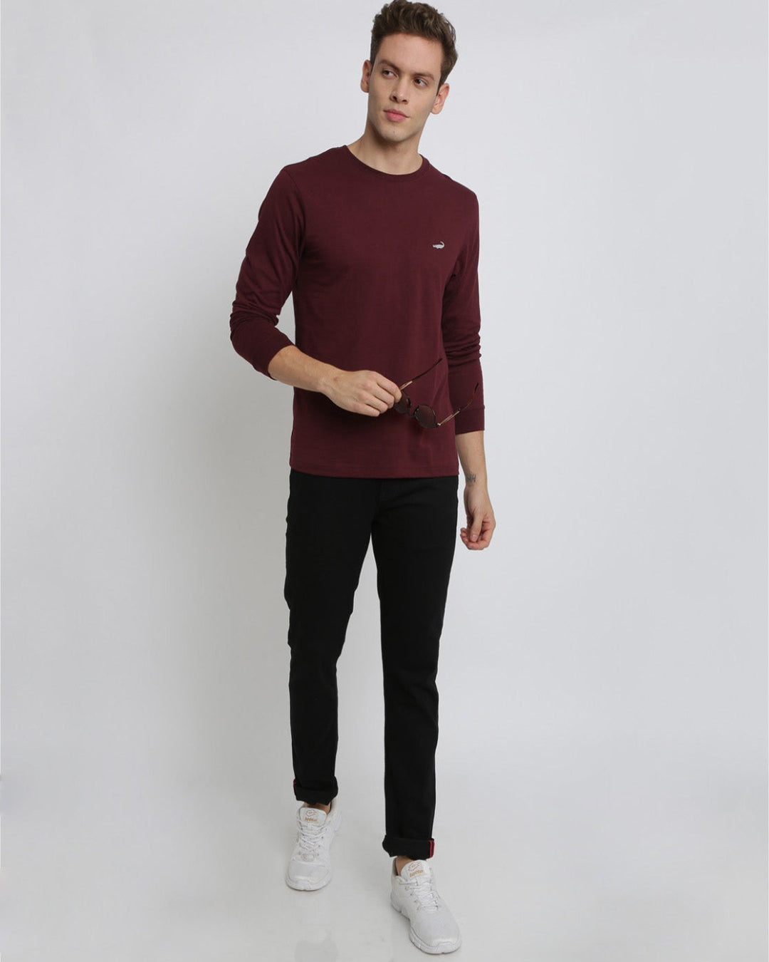 Men's Solid Round Neck Full Sleeve Cotton T-Shirt - WINE