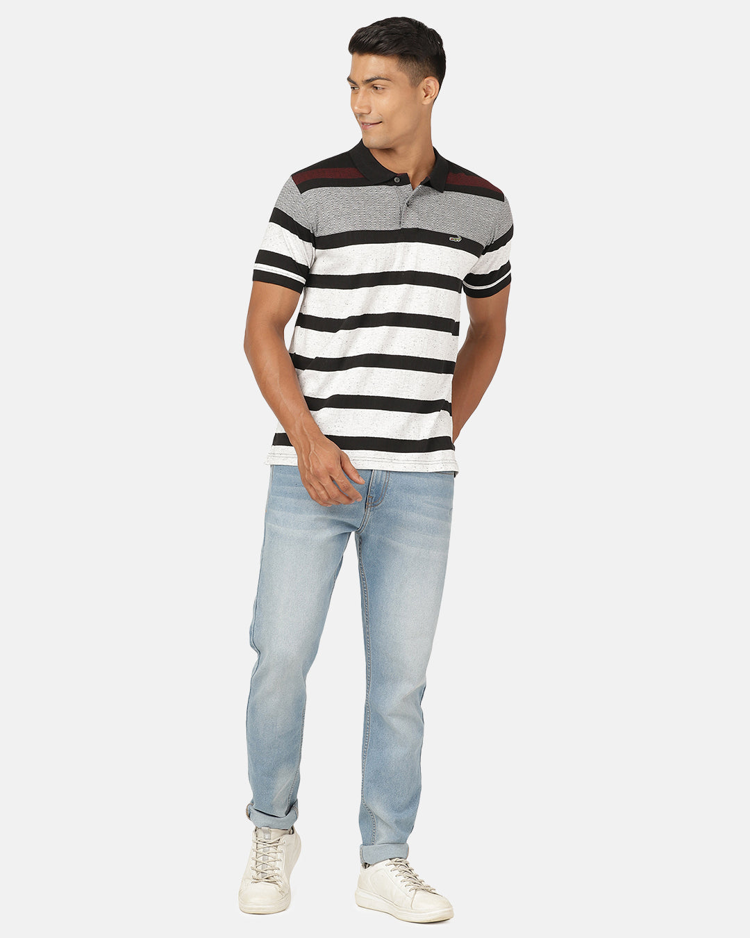 Men Black Striped Polo Collar Slim Fit T-shirt