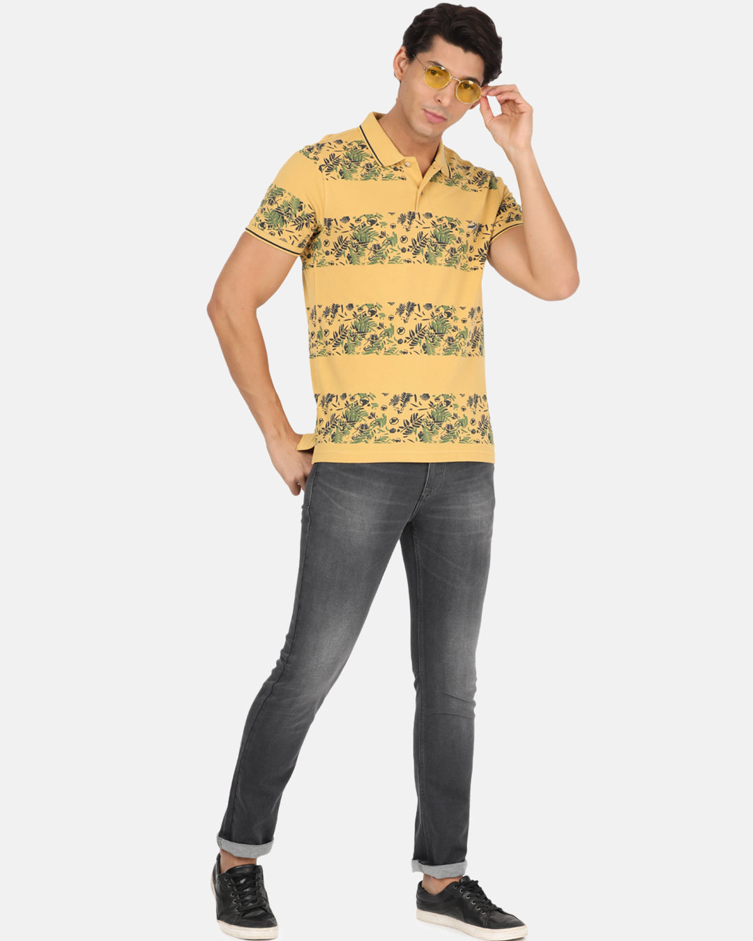 Crocodile Casual Slim Fit Printed Polo Neck Half Sleeve Yellow Tshirt