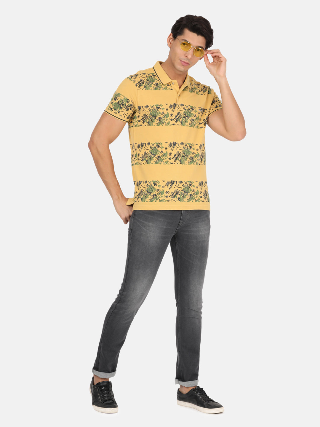 Crocodile Casual Slim Fit Printed Polo Neck Half Sleeve Yellow Tshirt