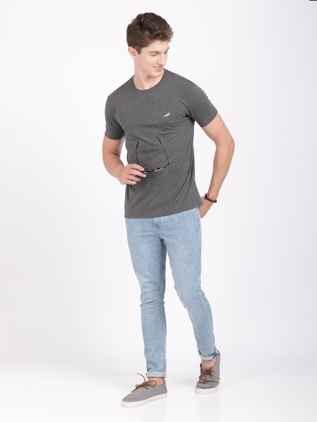 Men's Solid Round Neck Half Sleeve Cotton T-Shirt - CHARCOAL MELANGE