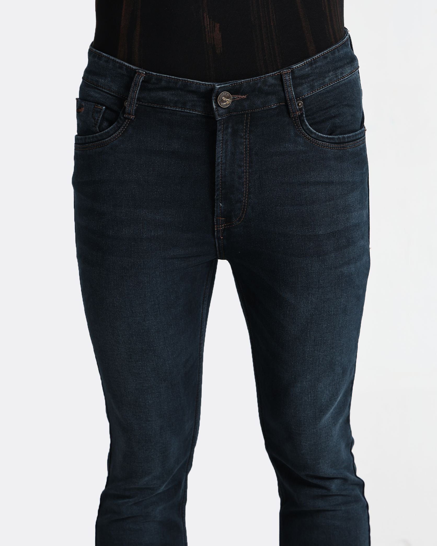 Dark blue jeans on a white background