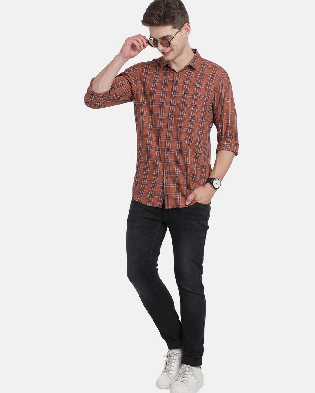 Casual Full Sleeve Slim Fit Checks Brown with Collar Shirt for Men