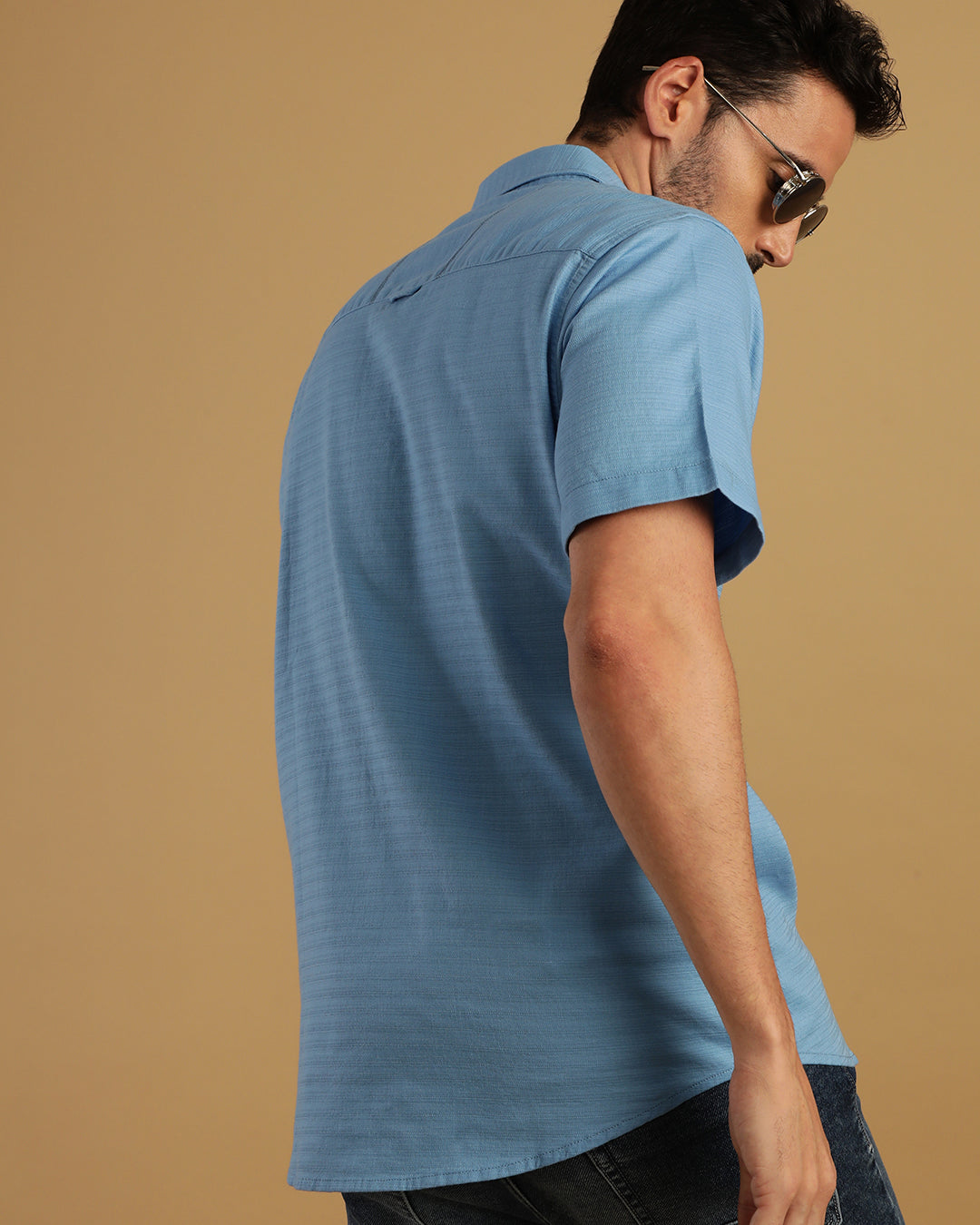 Close-up of blue fabric with texture detail