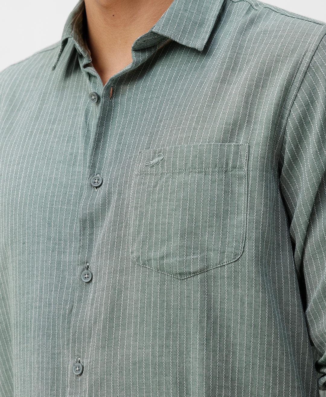Close-up of a person wearing a green striped shirt with a collar on a light gray background
